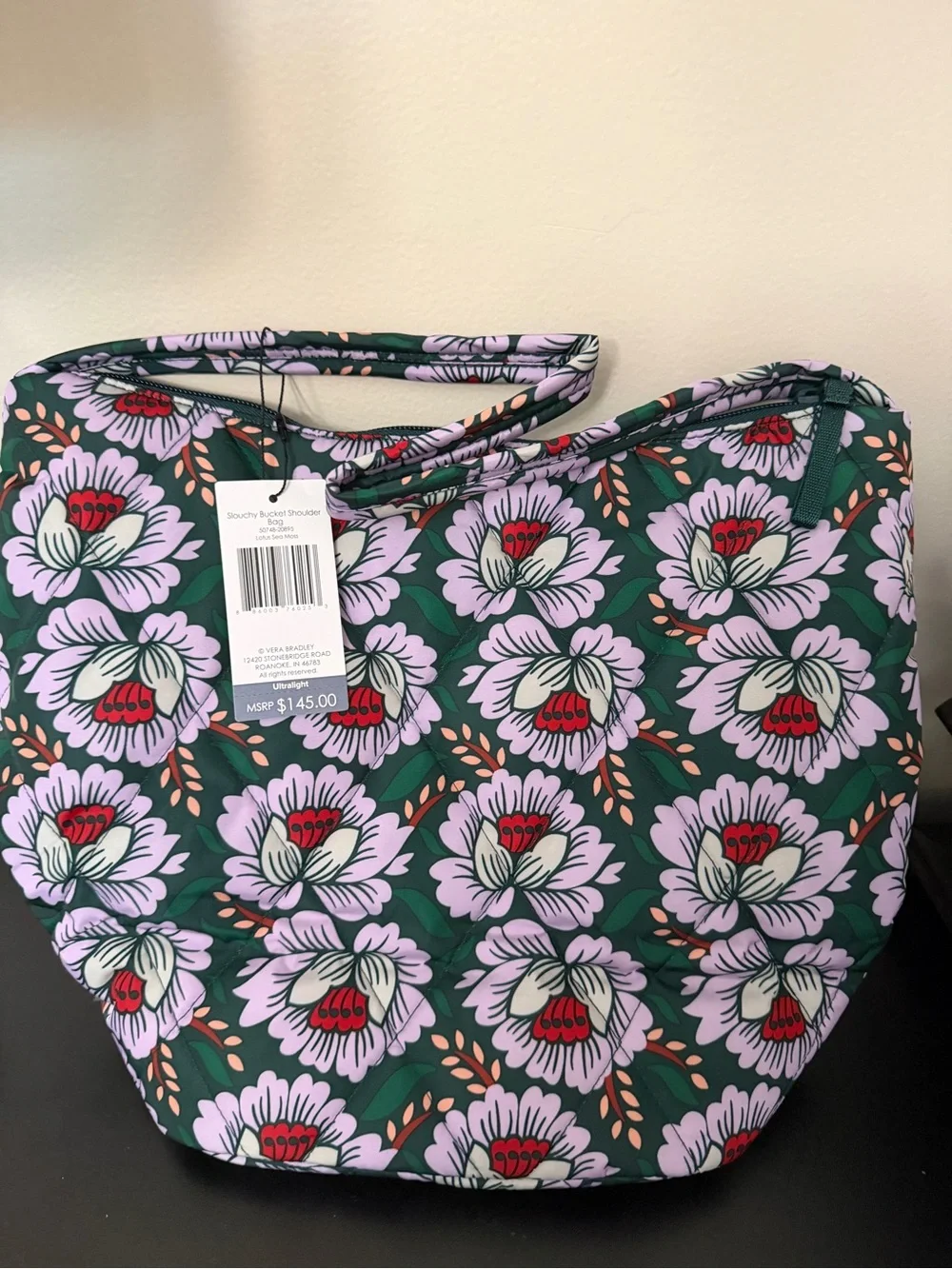 Vera Bradley Dark Green Slouchy Bucket shoulder bag Lavender & Red Floral Print